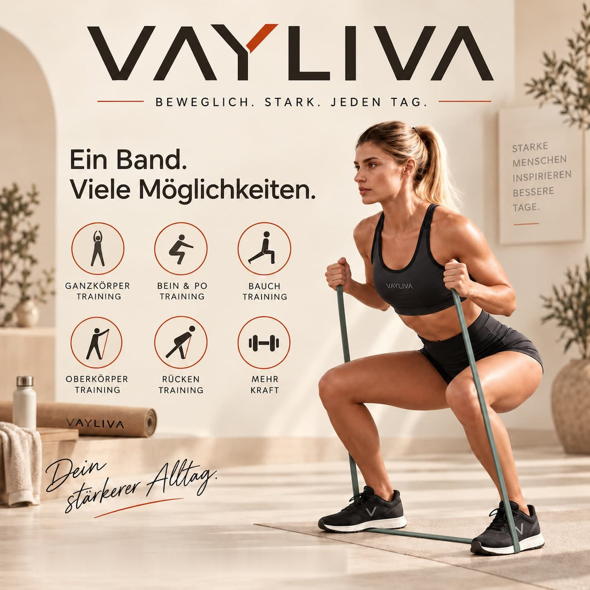 Frau trainiert Kniebeugen mit dem VAYLIVA Widerstandsband