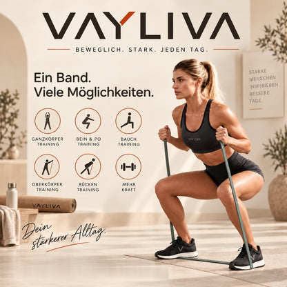 Frau trainiert Kniebeugen mit dem VAYLIVA Widerstandsband